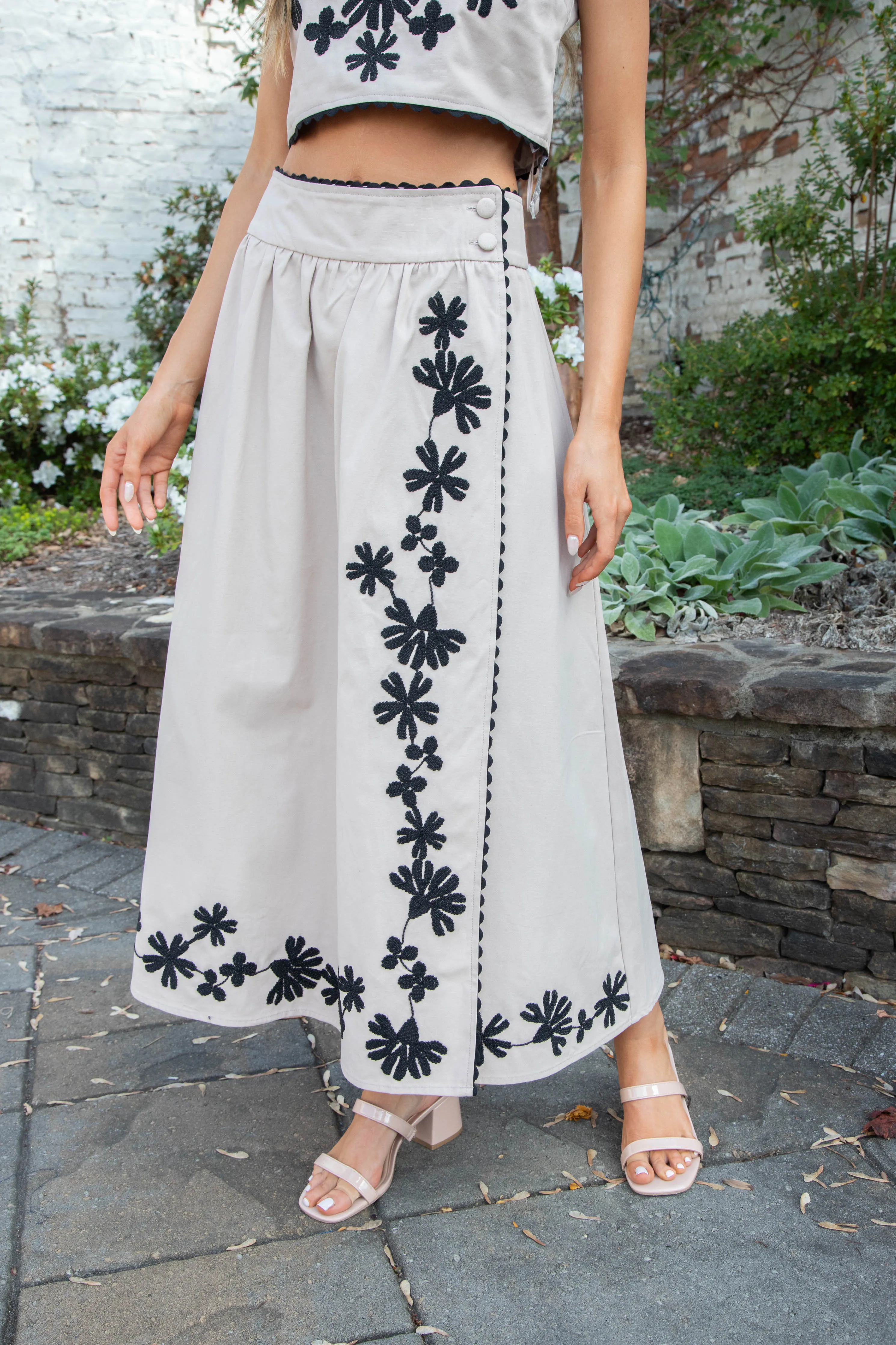 Rylin Embroidered Wrap Skirt, Light Taupe