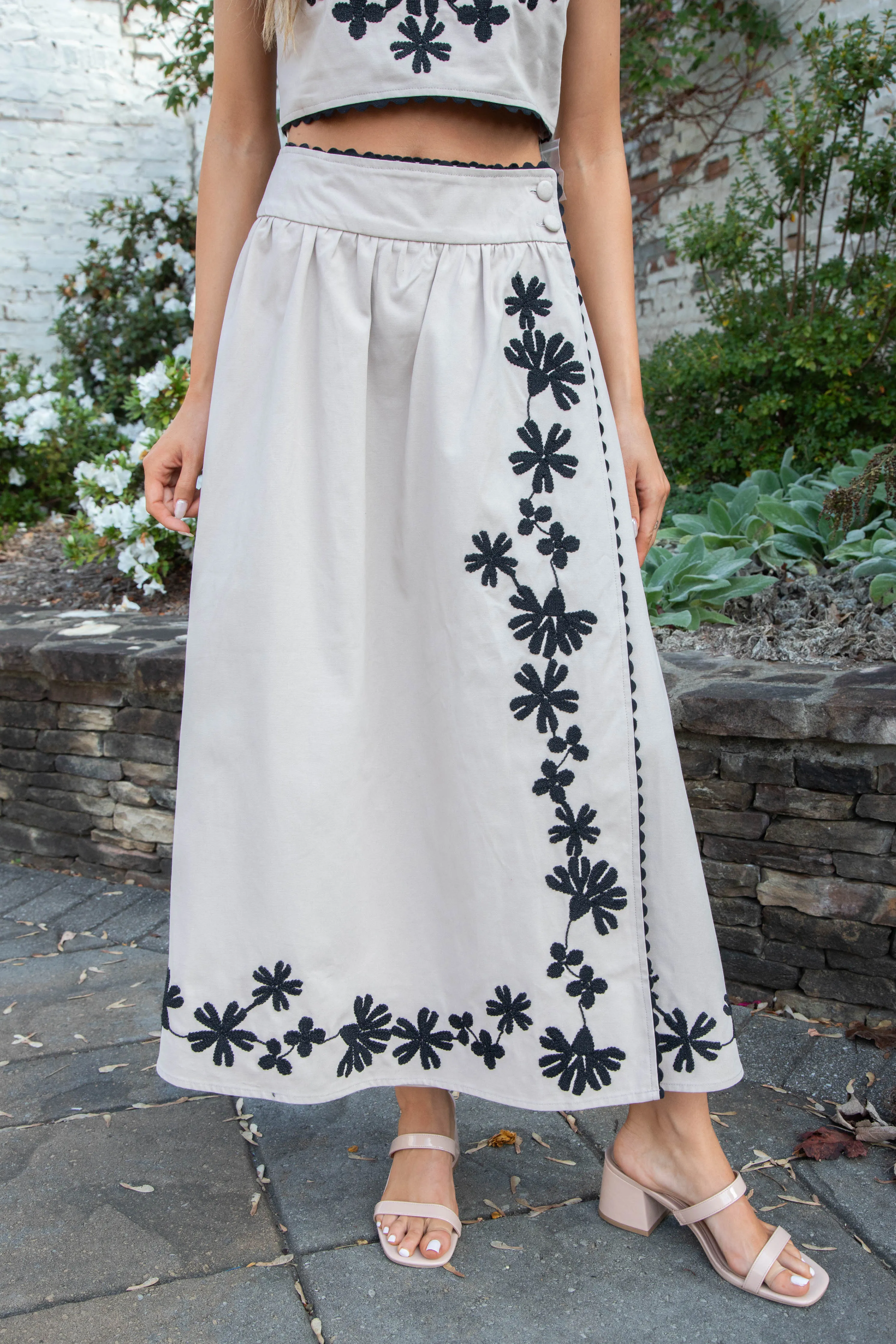 Rylin Embroidered Wrap Skirt, Light Taupe