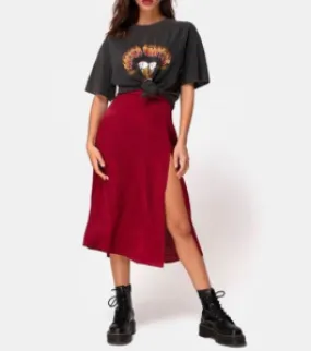 Satin Cheetah Print Side Slit Midi Skirt