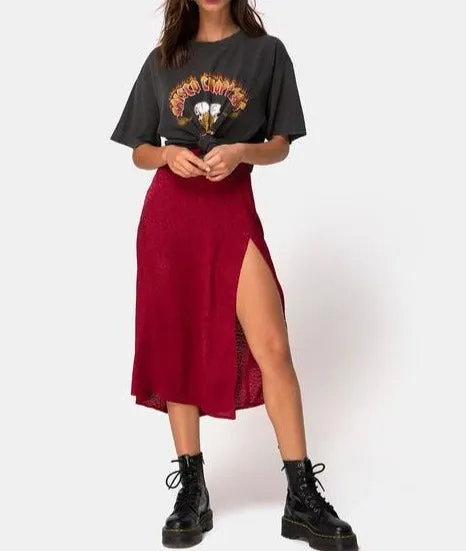 Satin Cheetah Print Side Slit Midi Skirt
