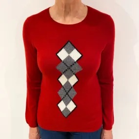 Scarlet Red Cashmere Crew Neck Jumper with Grey Diamond Pattern Medium