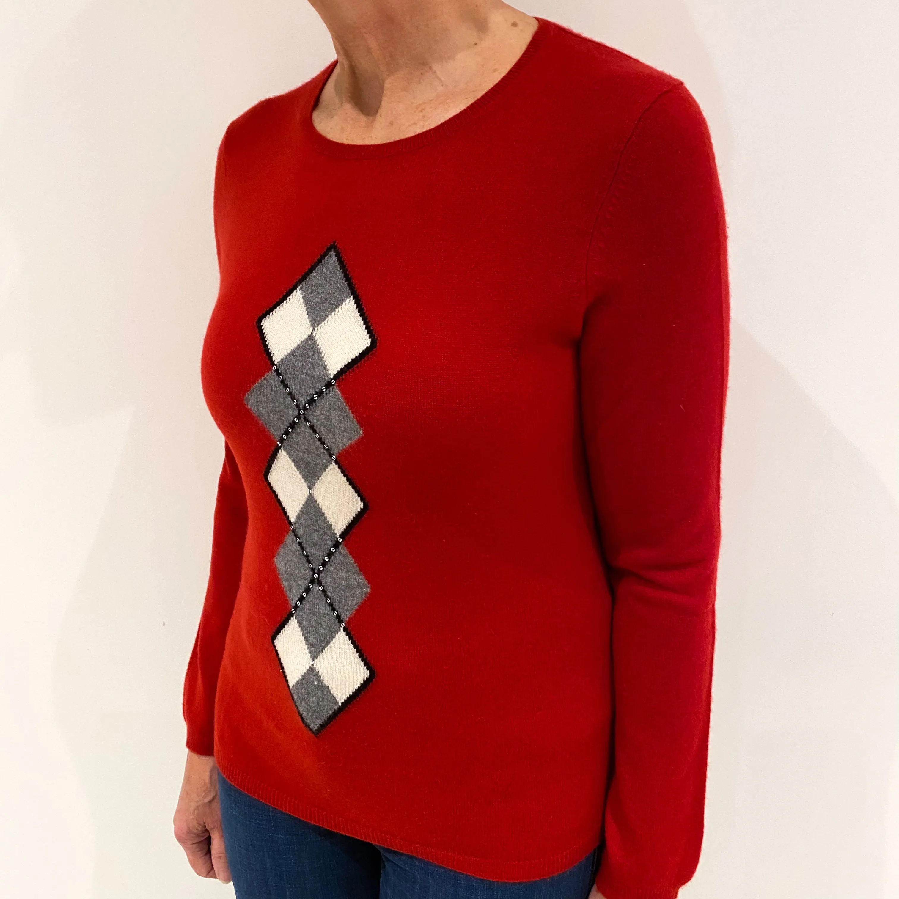 Scarlet Red Cashmere Crew Neck Jumper with Grey Diamond Pattern Medium