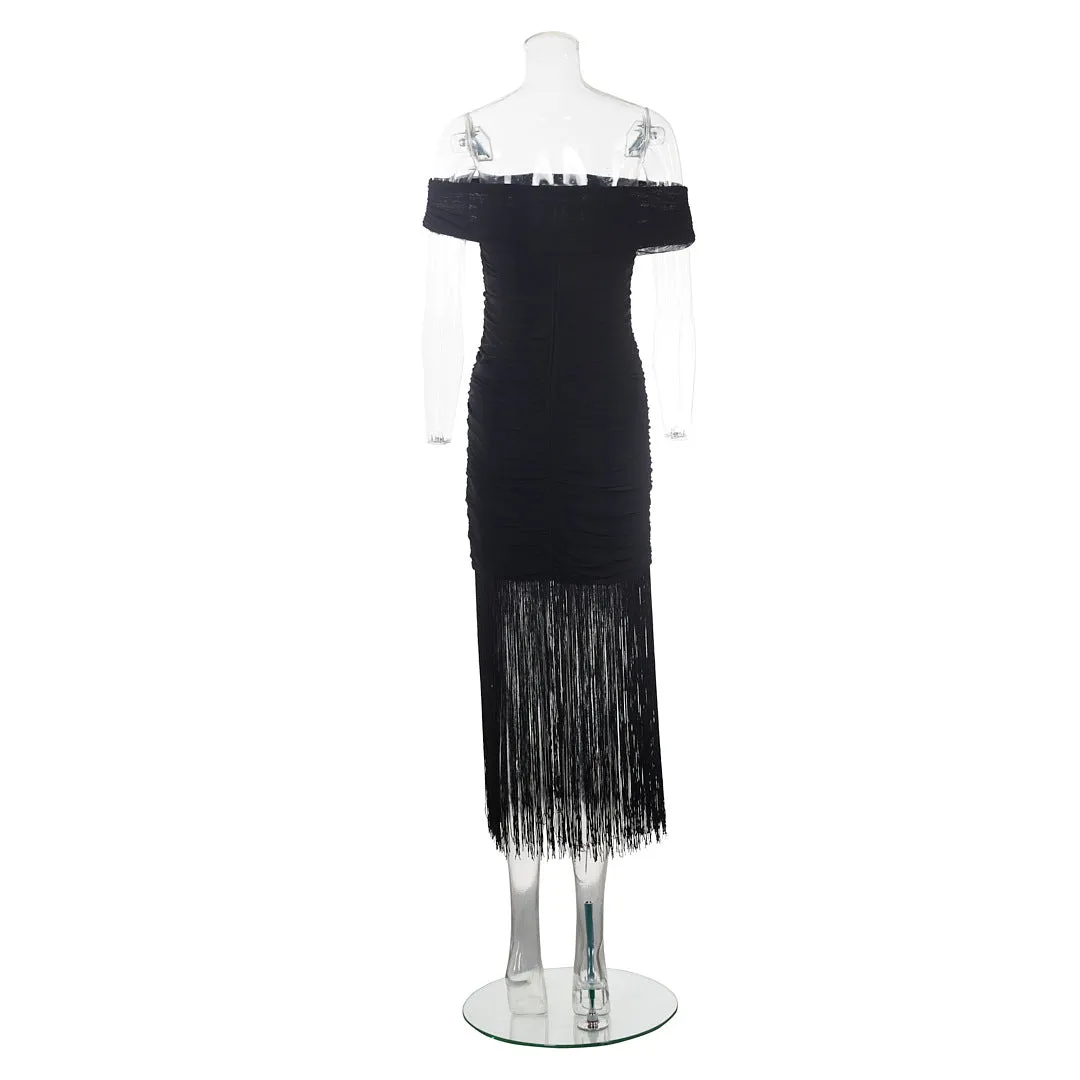 Sexy Black Off Shoulder Fringe Tassel Party Dress