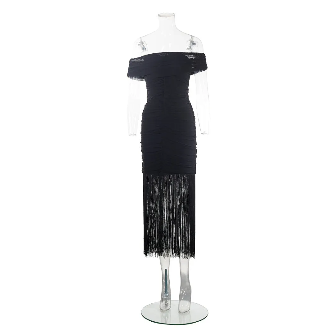 Sexy Black Off Shoulder Fringe Tassel Party Dress