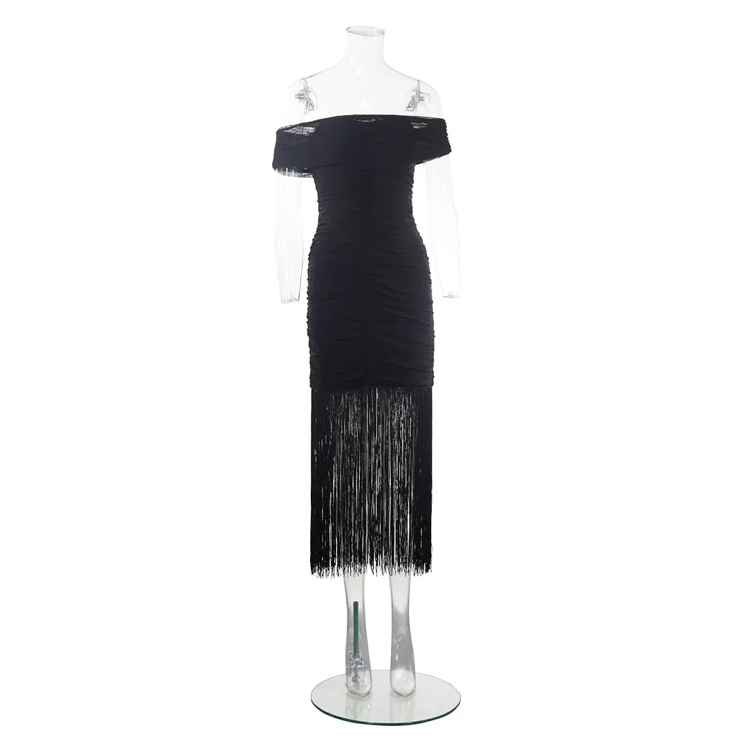 Sexy Black Off Shoulder Fringe Tassel Party Dress