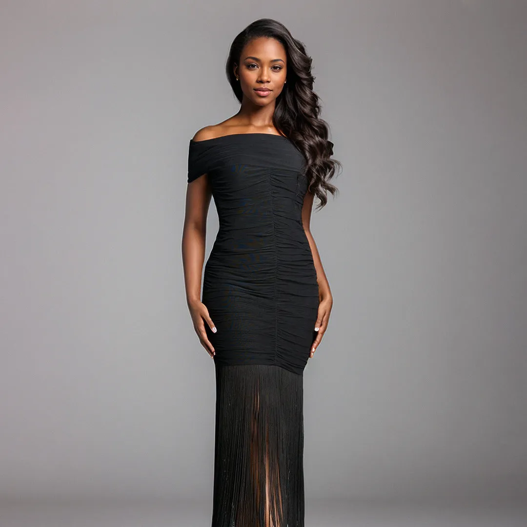 Sexy Black Off Shoulder Fringe Tassel Party Dress