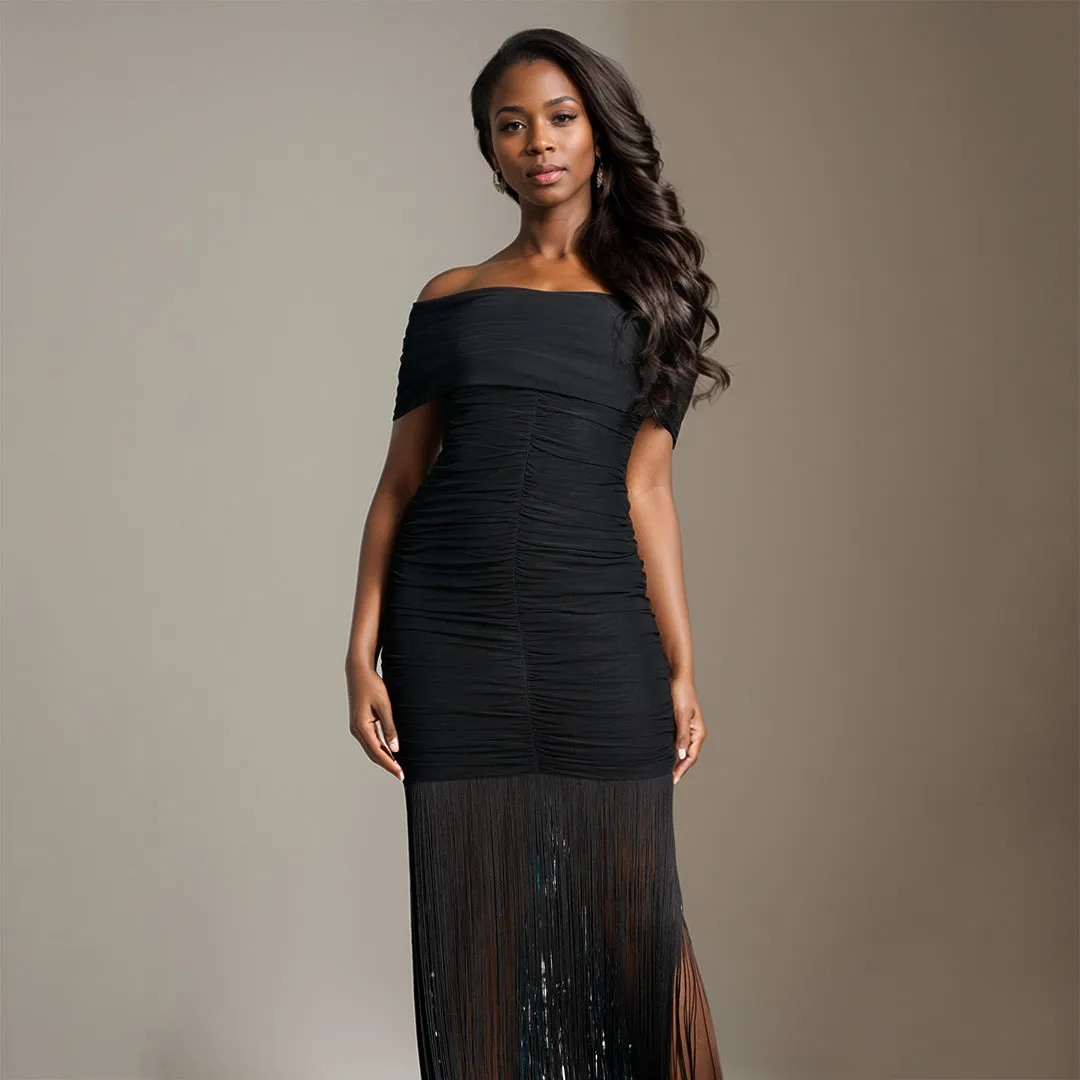 Sexy Black Off Shoulder Fringe Tassel Party Dress