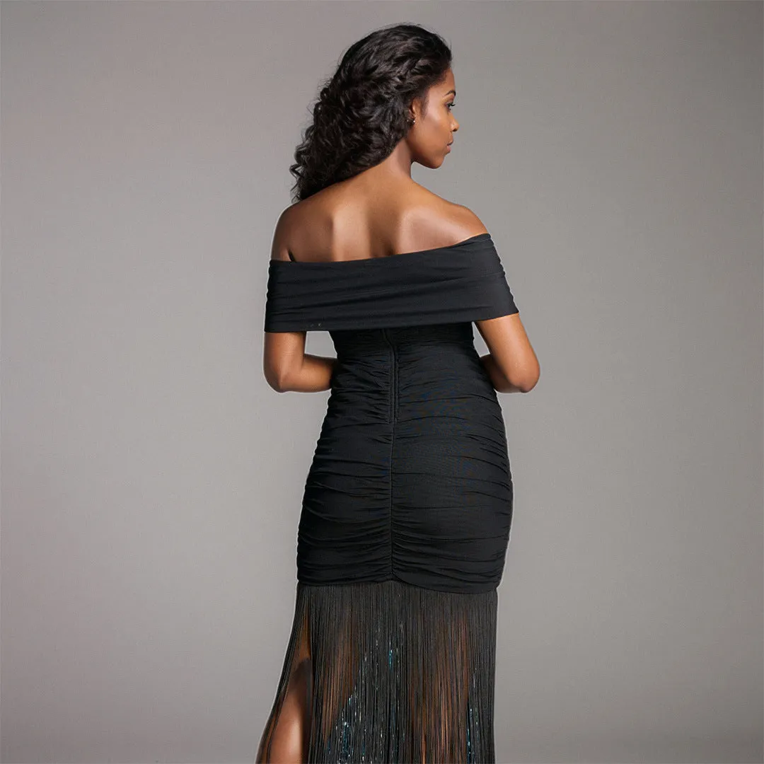 Sexy Black Off Shoulder Fringe Tassel Party Dress