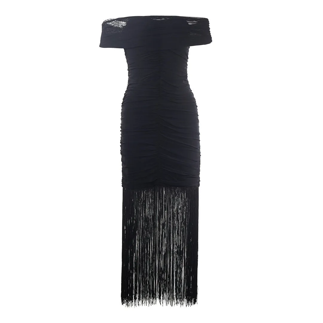 Sexy Black Off Shoulder Fringe Tassel Party Dress