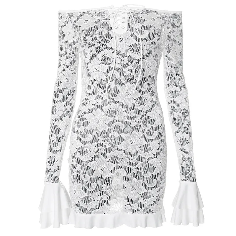 Sexy Lace Cutout Off Shoulder Lotus Leaf Short Dress