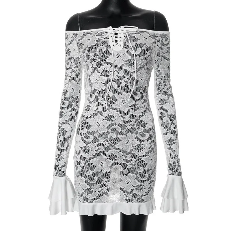 Sexy Lace Cutout Off Shoulder Lotus Leaf Short Dress