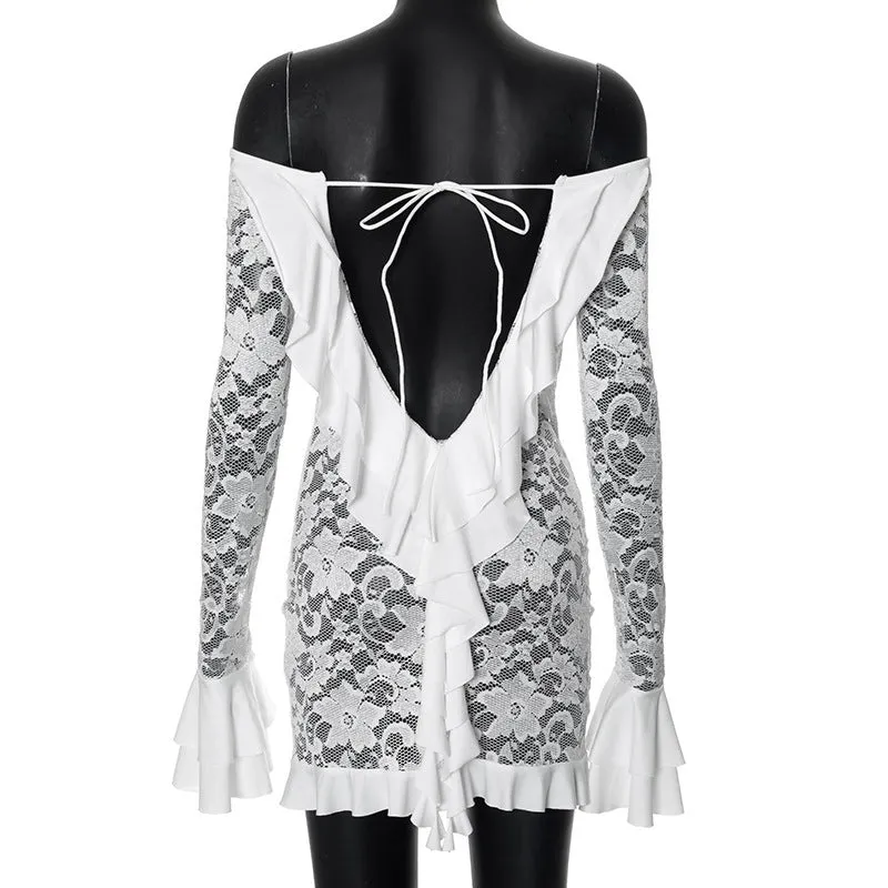 Sexy Lace Cutout Off Shoulder Lotus Leaf Short Dress