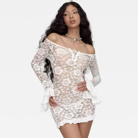 Sexy Lace Cutout Off Shoulder Lotus Leaf Short Dress