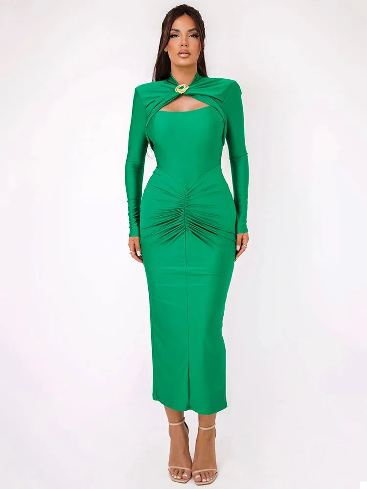 Sexy Long Sleeve Metal Buckle Ruched Slit Party Dress
