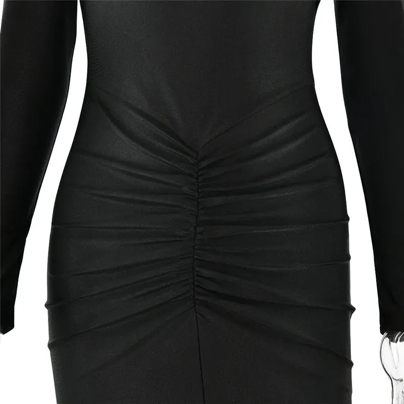 Sexy Long Sleeve Metal Buckle Ruched Slit Party Dress