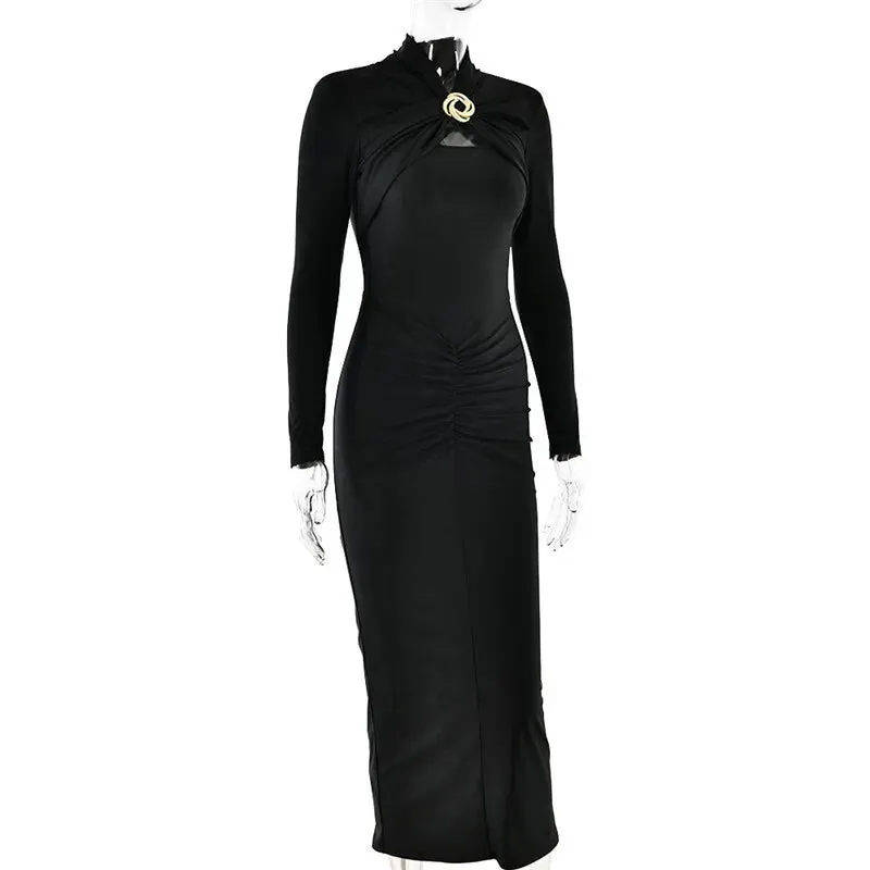 Sexy Long Sleeve Metal Buckle Ruched Slit Party Dress