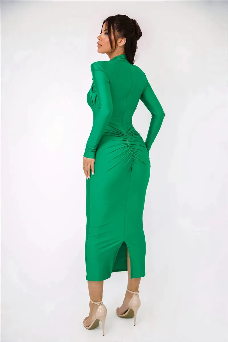 Sexy Long Sleeve Metal Buckle Ruched Slit Party Dress