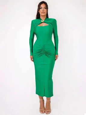 Sexy Long Sleeve Metal Buckle Ruched Slit Party Dress