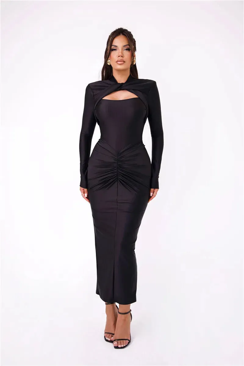 Sexy Long Sleeve Metal Buckle Ruched Slit Party Dress