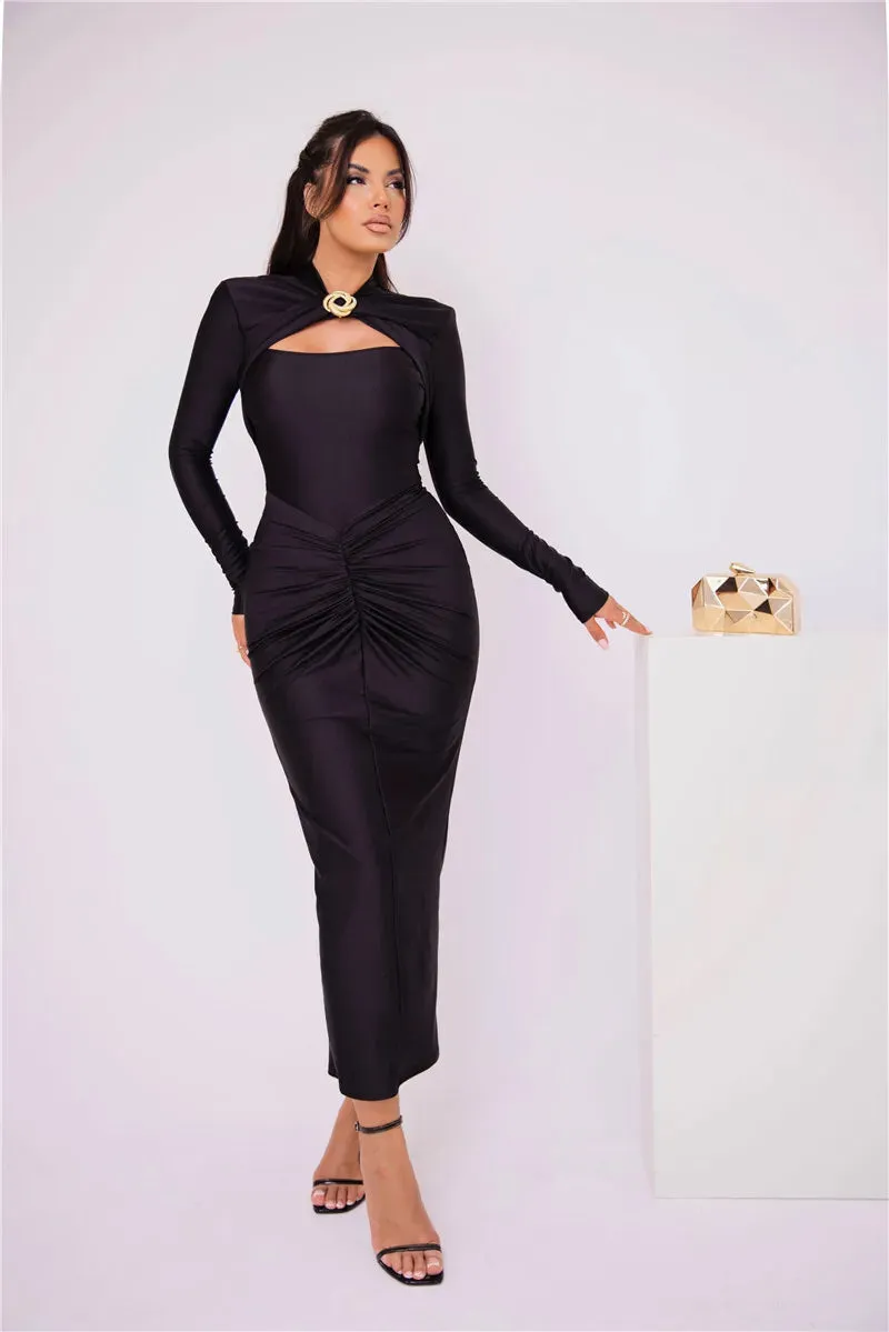 Sexy Long Sleeve Metal Buckle Ruched Slit Party Dress