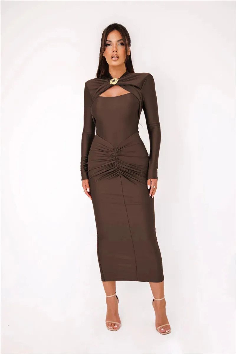 Sexy Long Sleeve Metal Buckle Ruched Slit Party Dress
