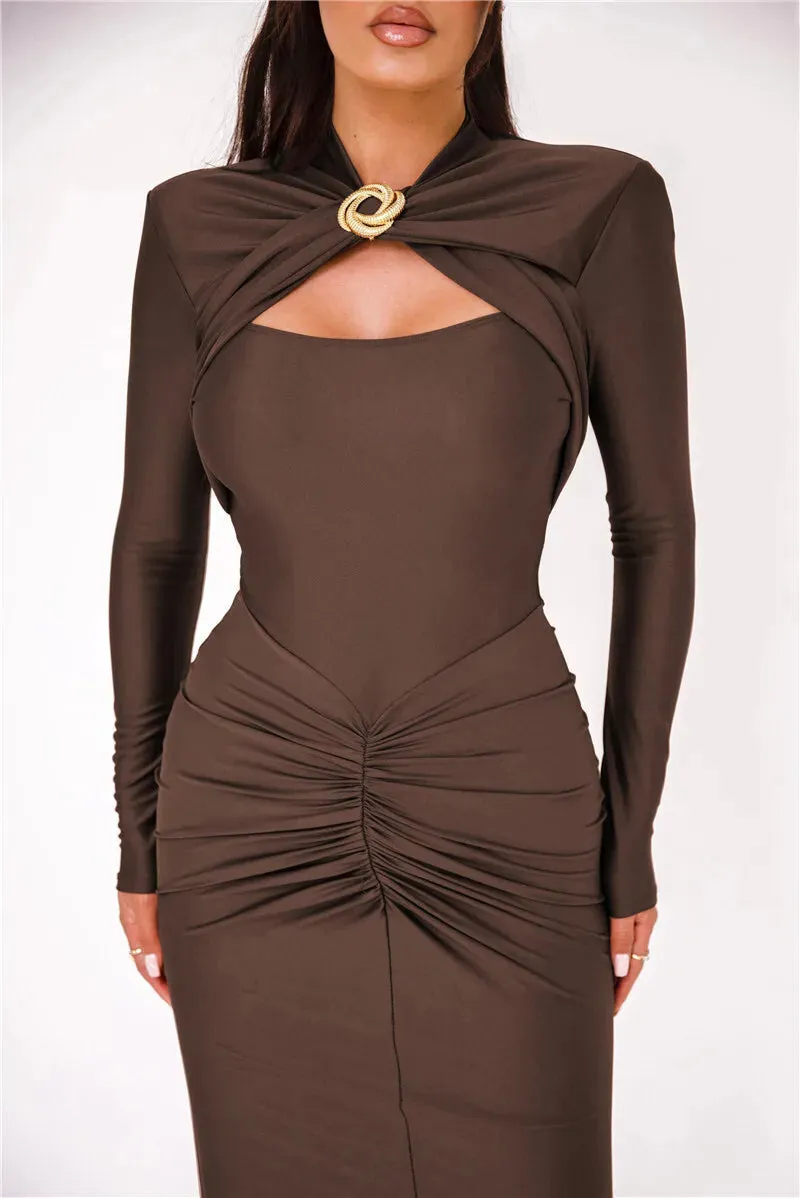 Sexy Long Sleeve Metal Buckle Ruched Slit Party Dress