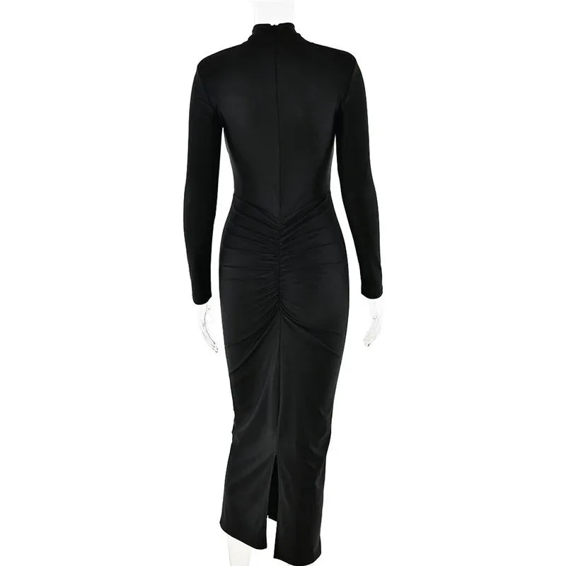 Sexy Long Sleeve Metal Buckle Ruched Slit Party Dress