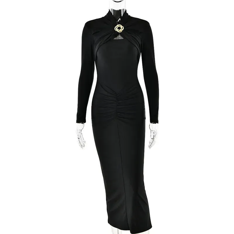 Sexy Long Sleeve Metal Buckle Ruched Slit Party Dress