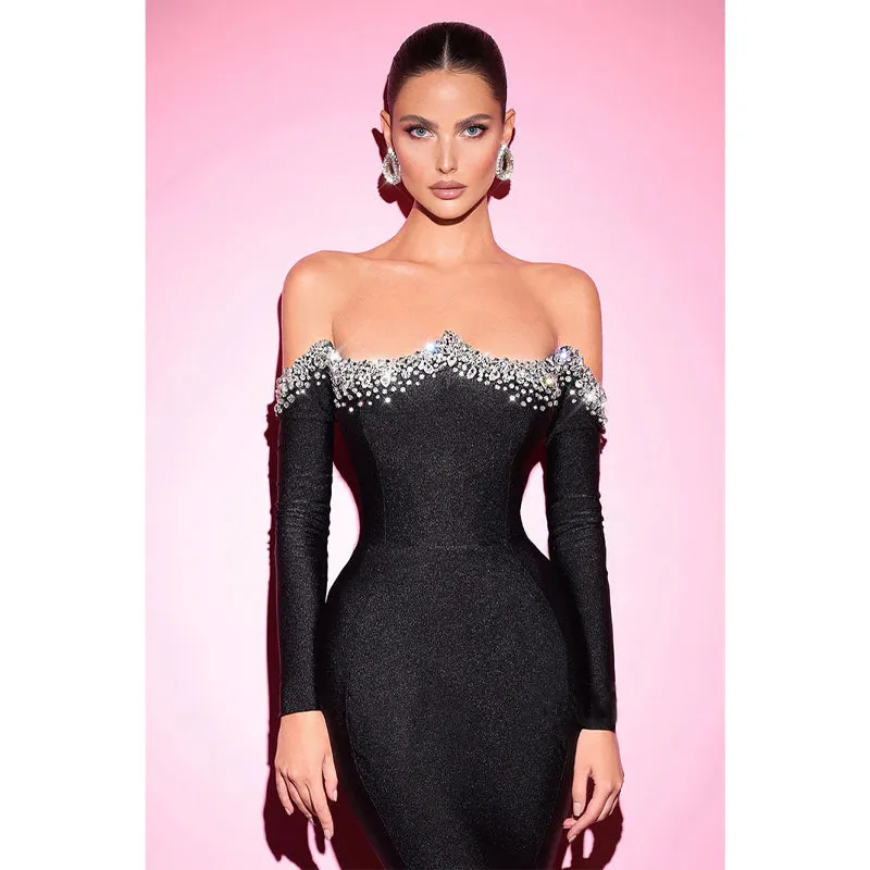 Sheath Mermaid Off-the-shoulder Beaded Black Prom Dress Evening Gowns