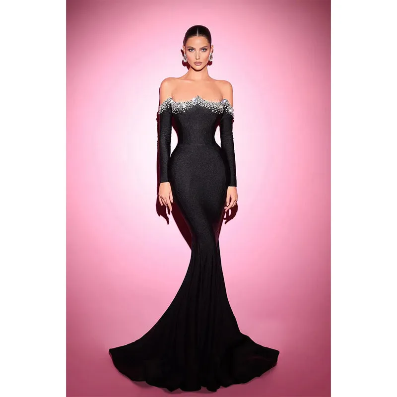 Sheath Mermaid Off-the-shoulder Beaded Black Prom Dress Evening Gowns