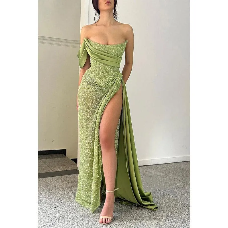 Sheath Strapless High Split Green Long Prom Formal Dress