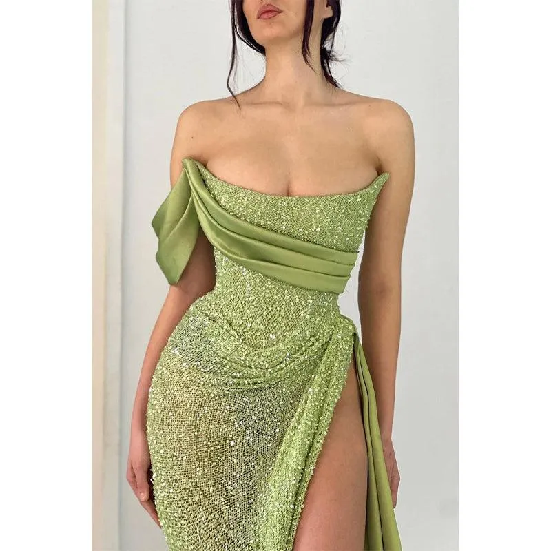 Sheath Strapless High Split Green Long Prom Formal Dress