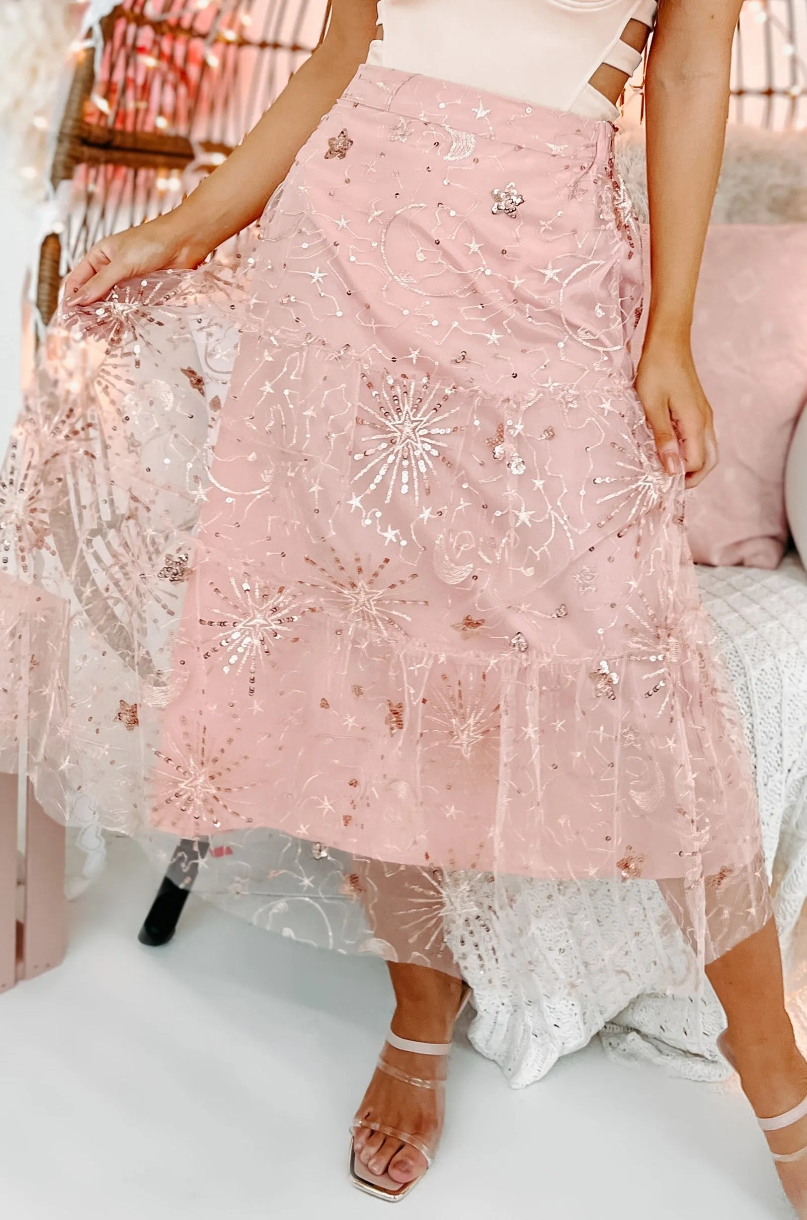 Shoot For The Stars Sequin Tulle Midi Skirt (Pink)
