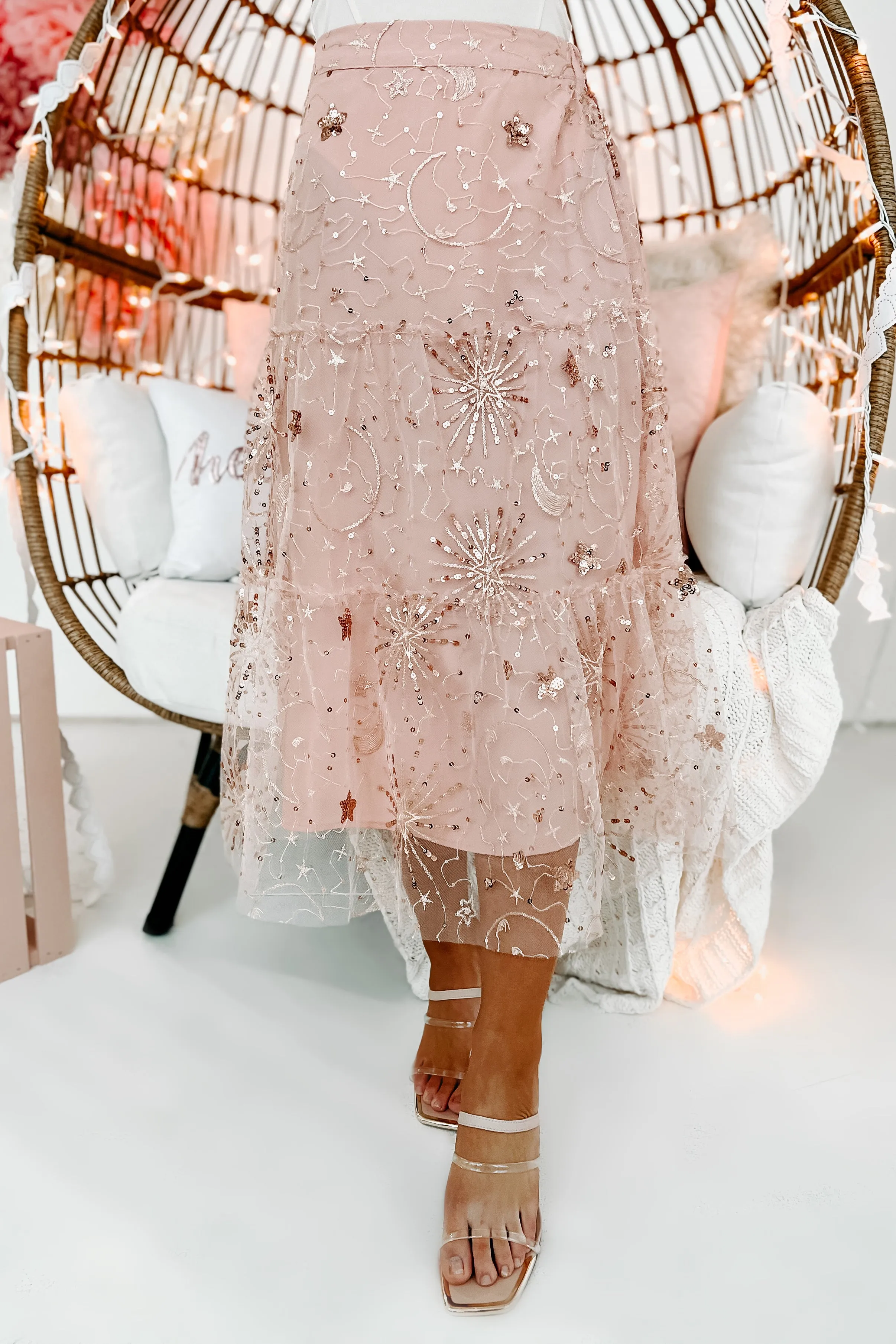 Shoot For The Stars Sequin Tulle Midi Skirt (Pink)