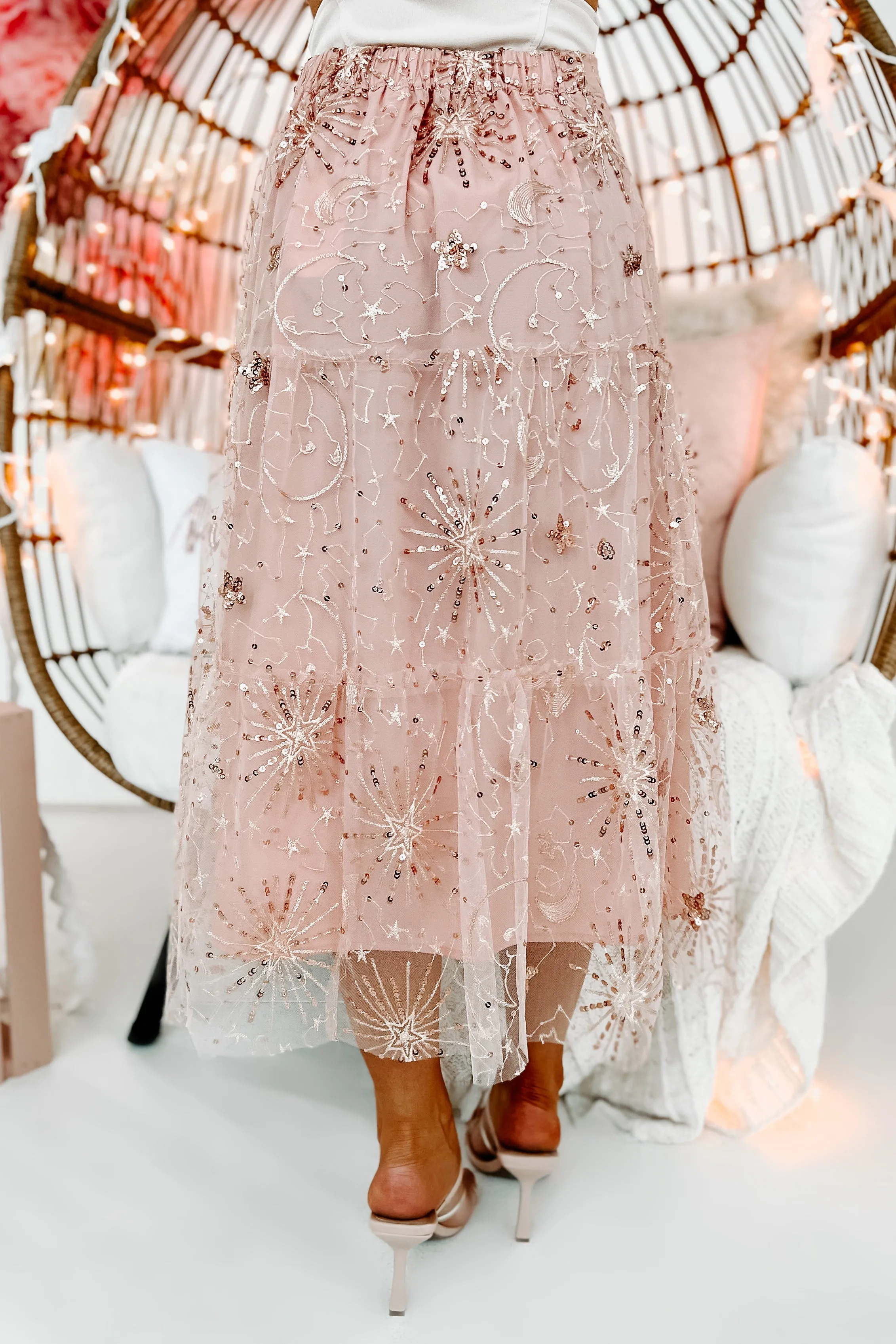 Shoot For The Stars Sequin Tulle Midi Skirt (Pink)