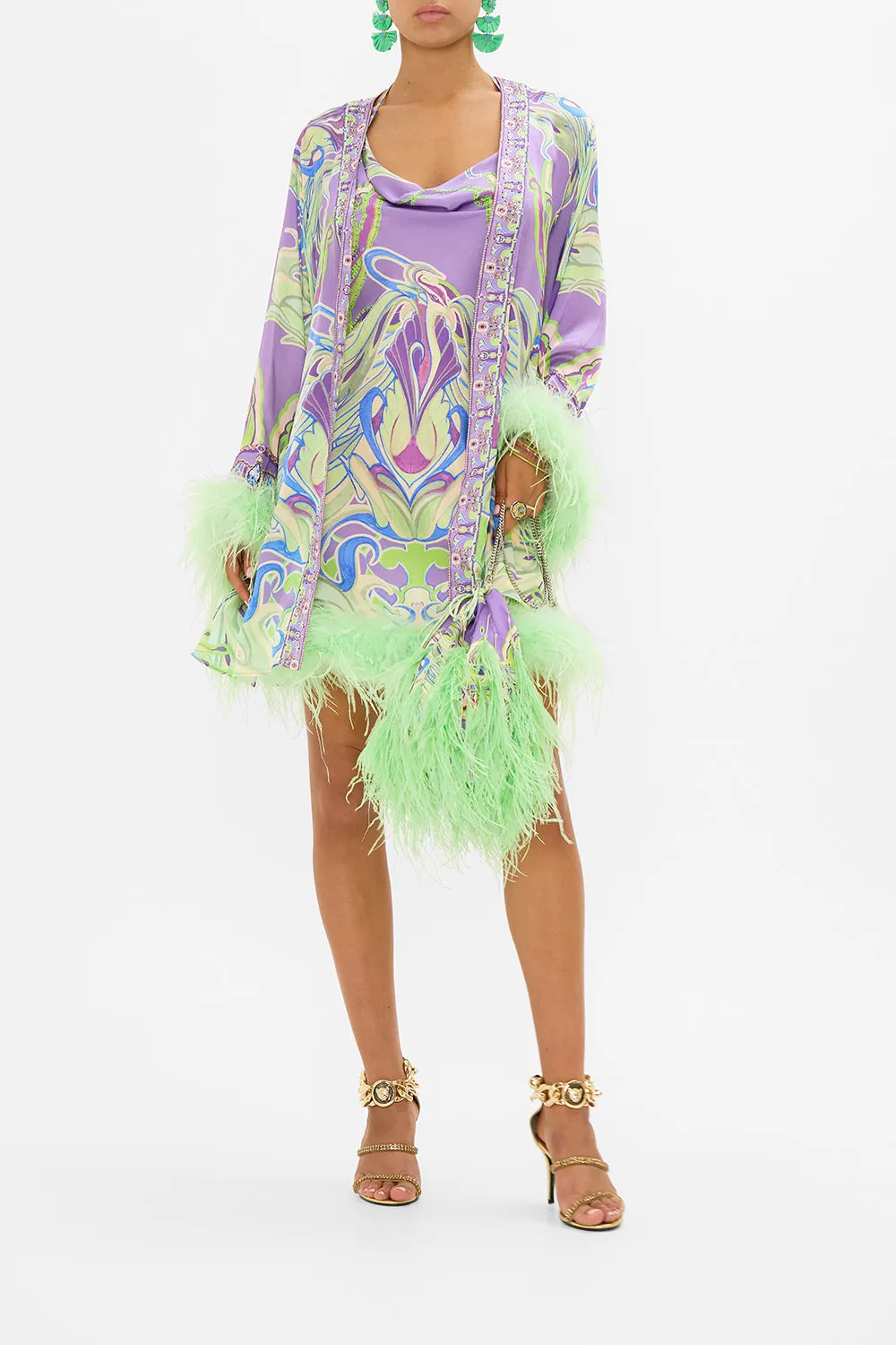 SHORT BIAS HALTER DRESS WITH FEATHERS AMSTERDAM JEWEL