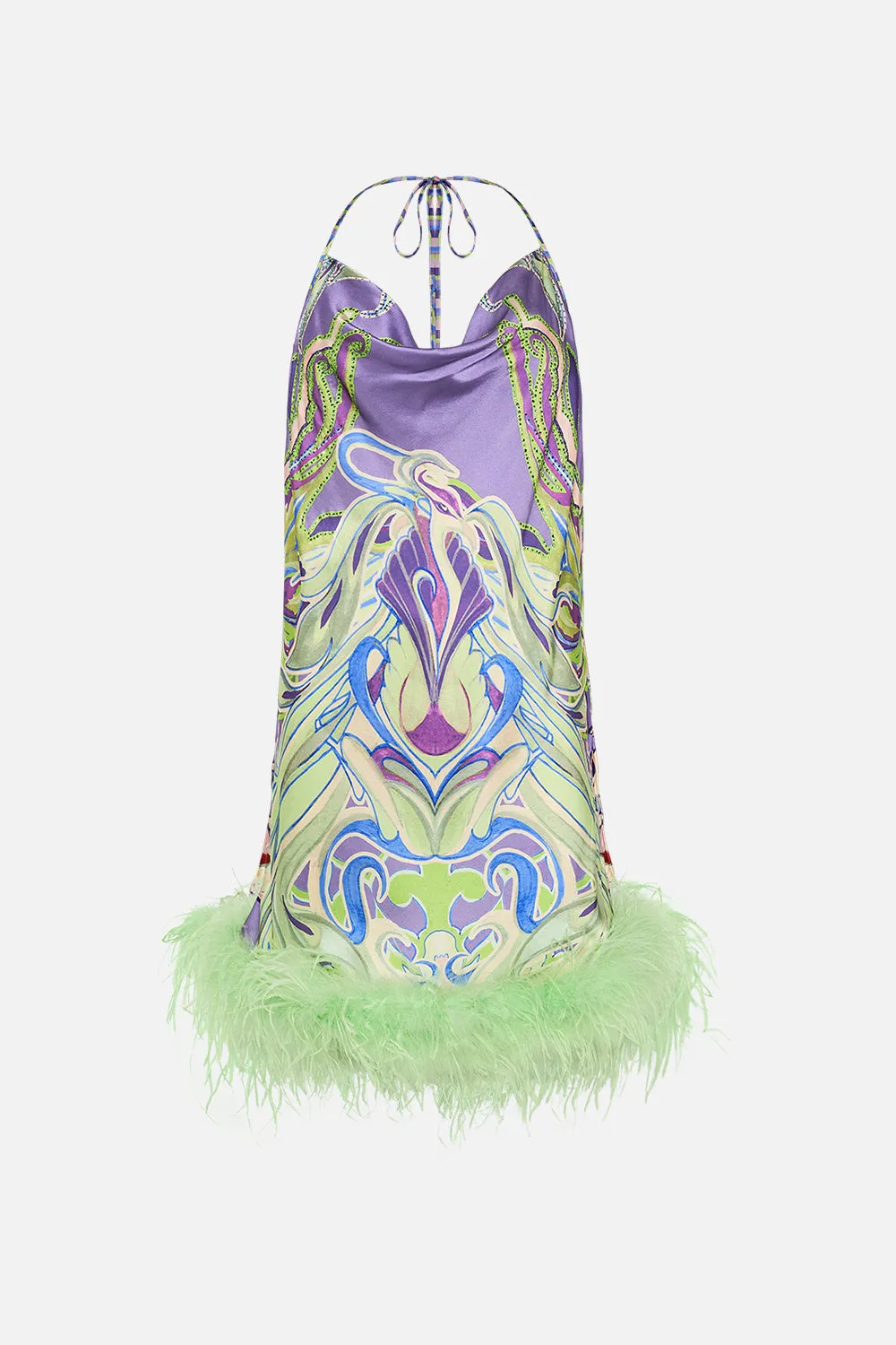 SHORT BIAS HALTER DRESS WITH FEATHERS AMSTERDAM JEWEL