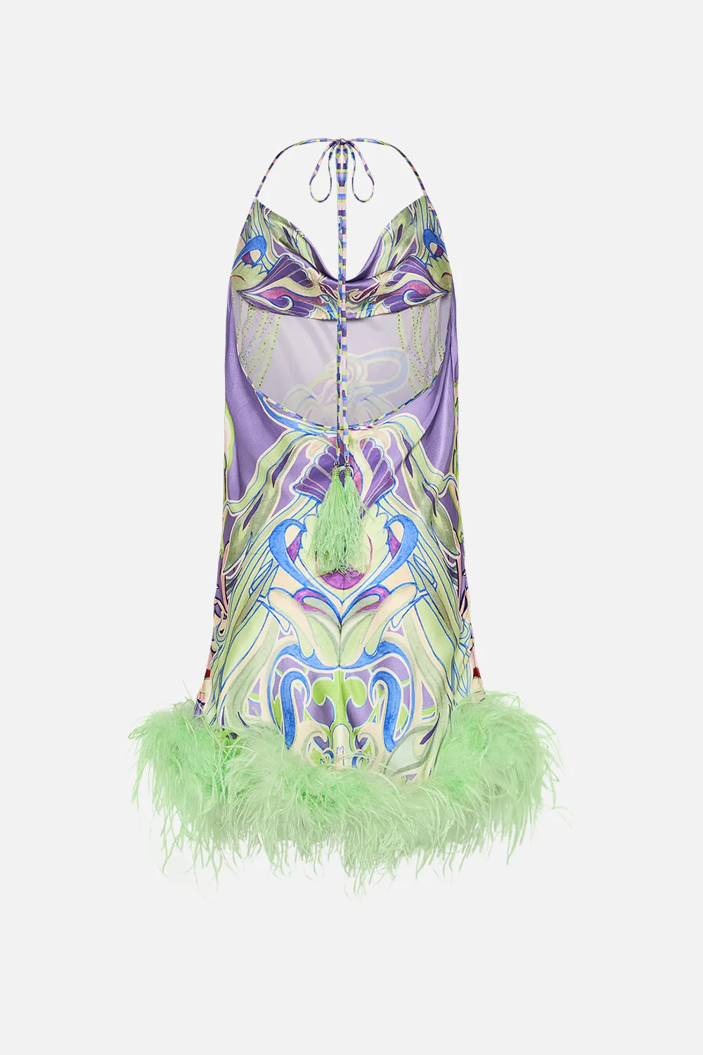 SHORT BIAS HALTER DRESS WITH FEATHERS AMSTERDAM JEWEL