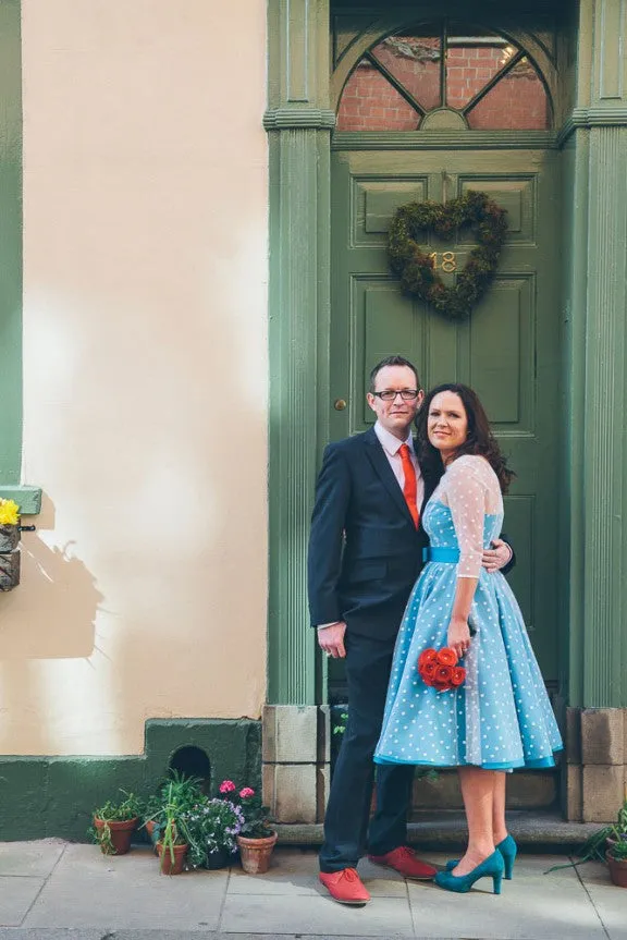 Short Blue Polka Dot Wedding Dress with 3/4 SleevesTea Length Short Vintage Wedding Dress,20110943