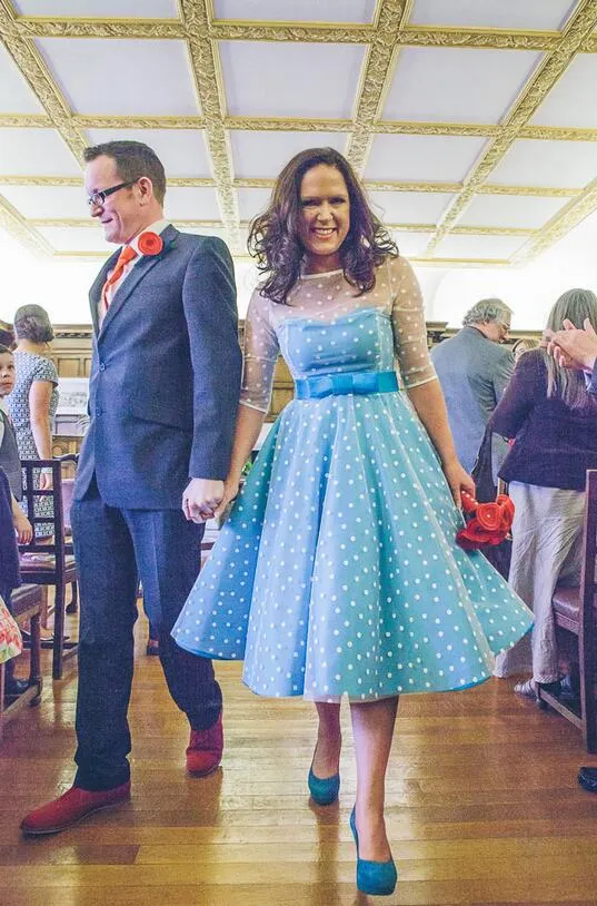 Short Blue Polka Dot Wedding Dress with 3/4 SleevesTea Length Short Vintage Wedding Dress,20110943