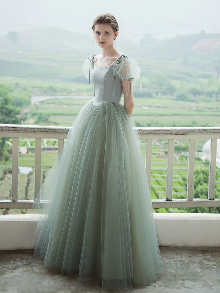 Simple Green Tulle Long Prom Dress, Green Tulle Evening Dress