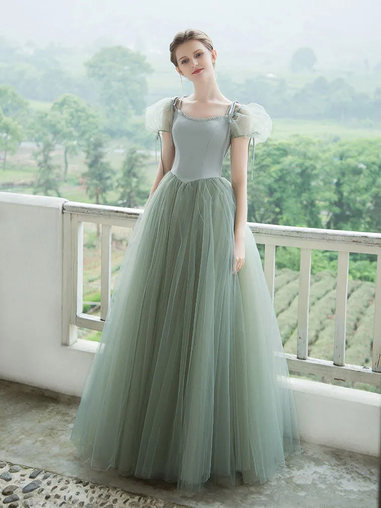 Simple Green Tulle Long Prom Dress, Green Tulle Evening Dress