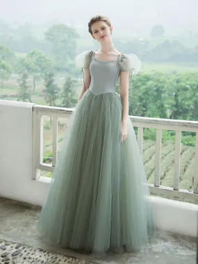 Simple Green Tulle Long Prom Dress, Green Tulle Evening Dress
