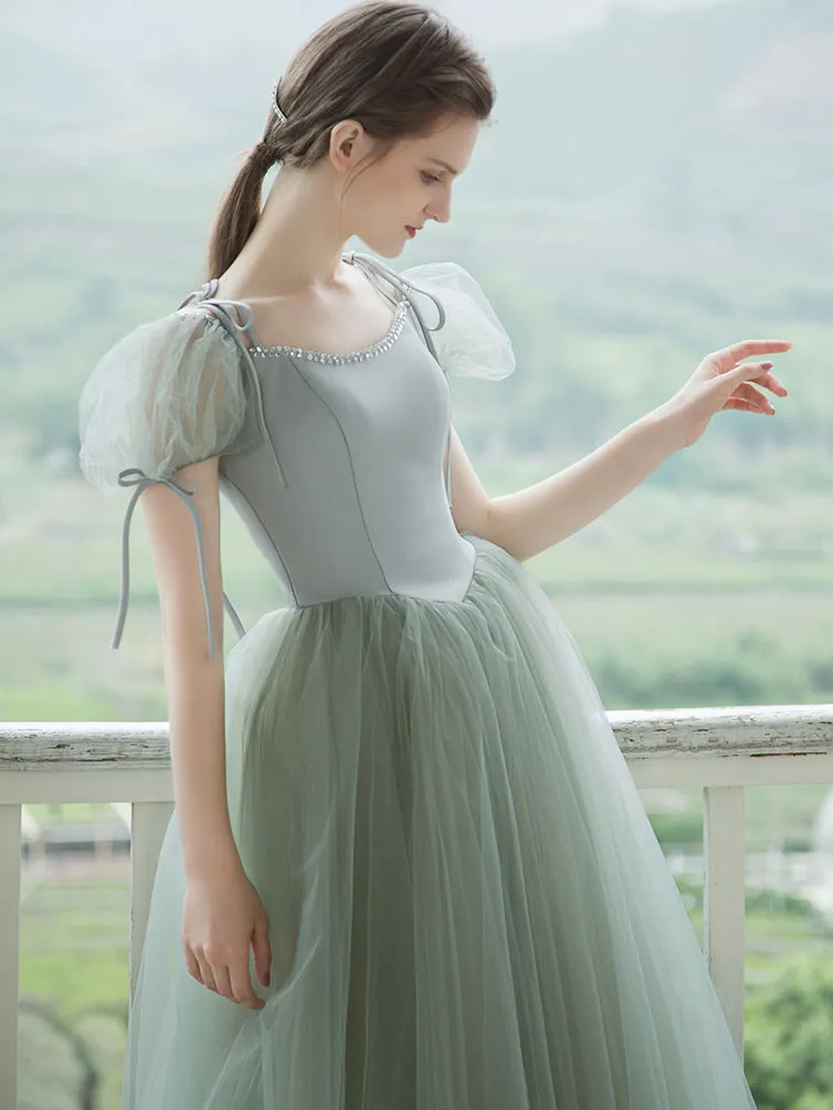 Simple Green Tulle Long Prom Dress, Green Tulle Evening Dress