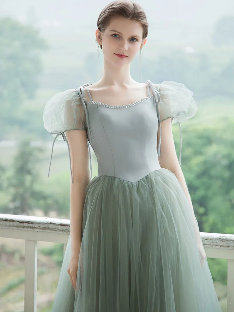 Simple Green Tulle Long Prom Dress, Green Tulle Evening Dress