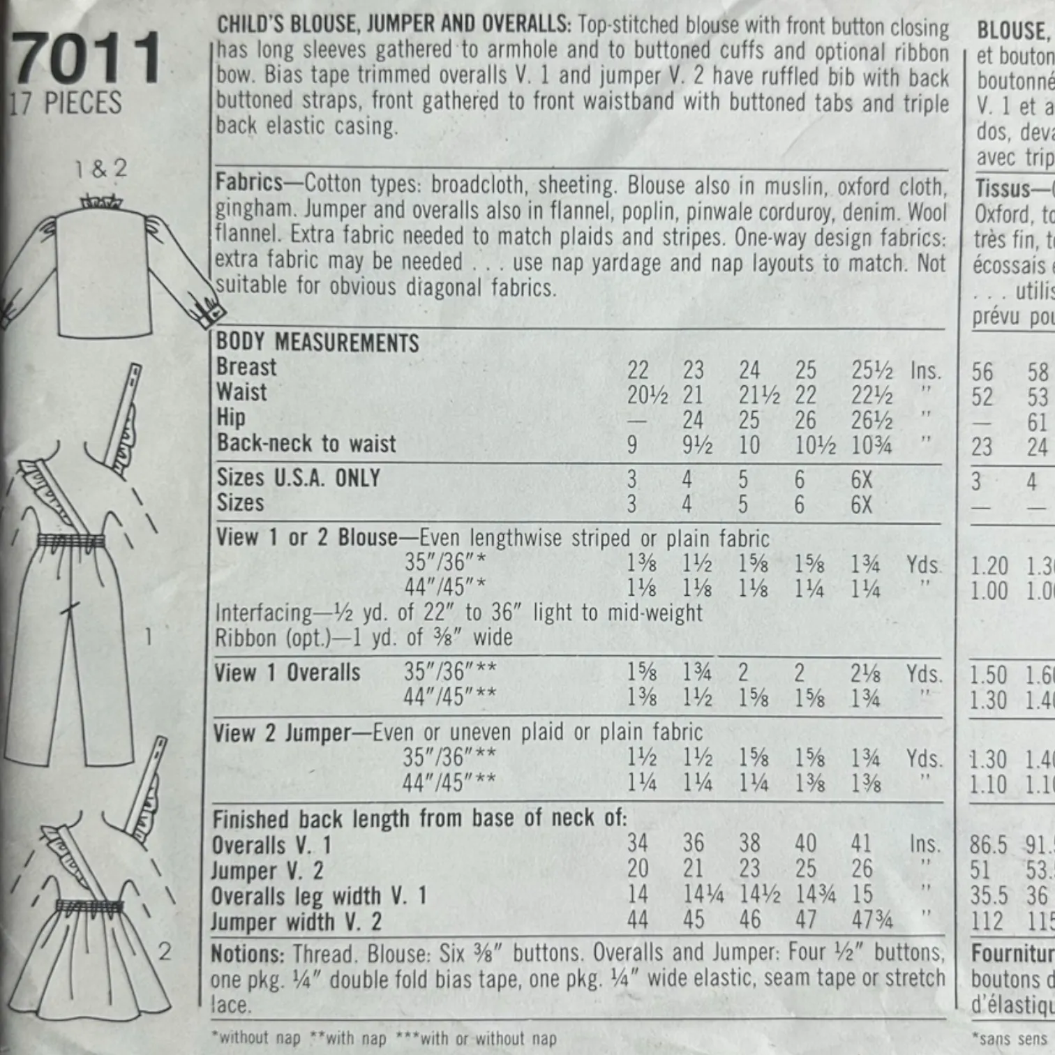 Simplicity 7011 Child's Blouse, Jumper and Overalls Pattern - Size 3-4-5