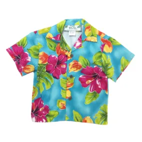 Sky Blue and Pink Hibiscus Tropical Print Hawaiian Shirt for Boys