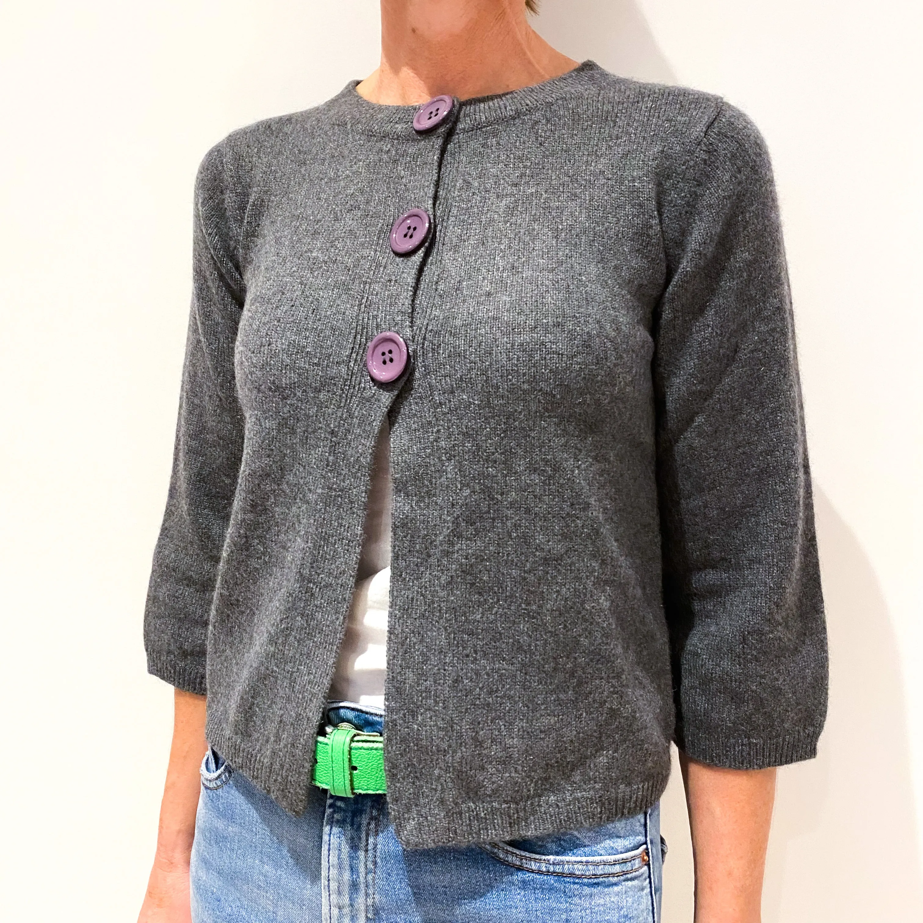 Slate Grey 3/4 Sleeve Cashmere 3 Button Fastening Cardigan Small