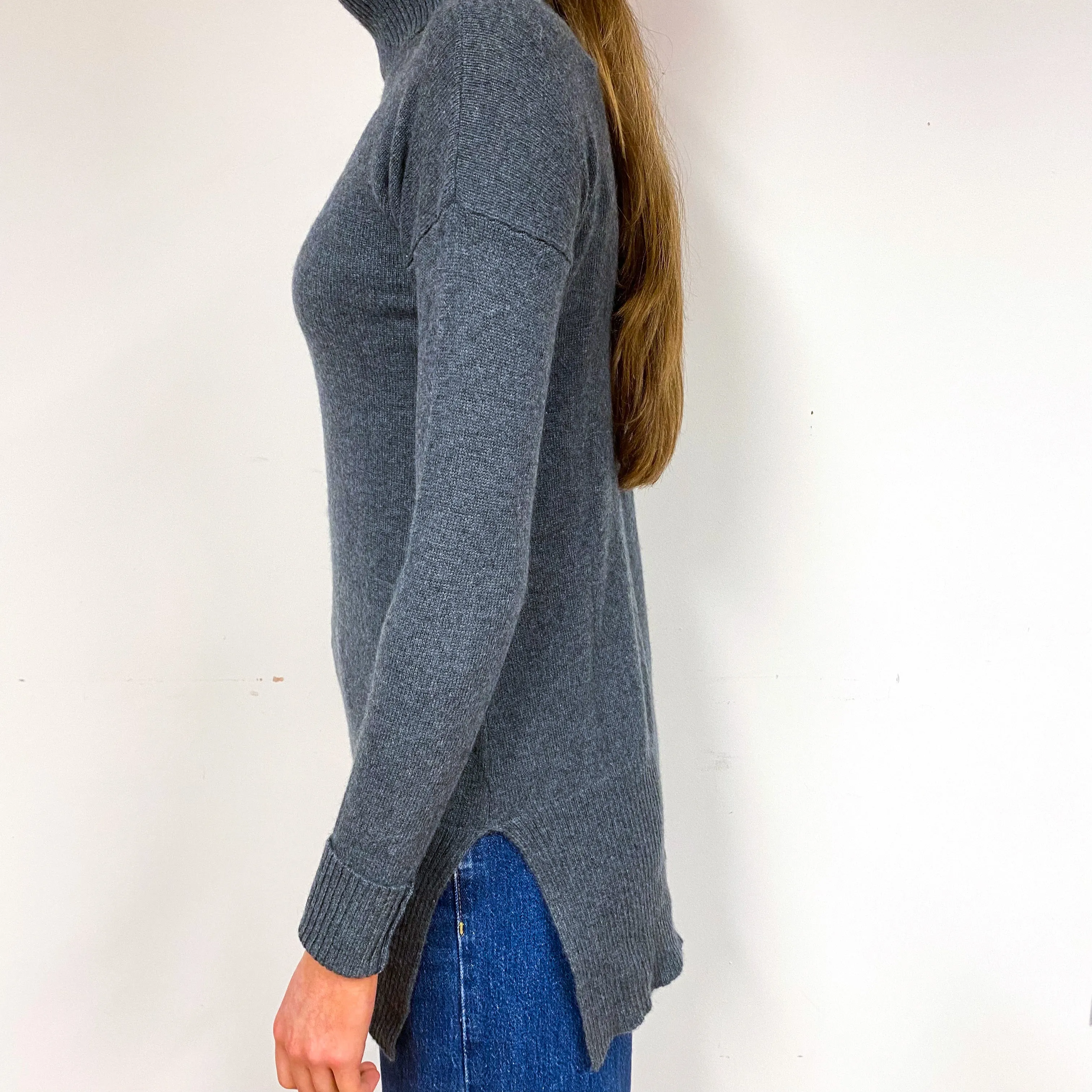 Slate Grey Longline Cashmere Polo Neck Jumper Extra Small