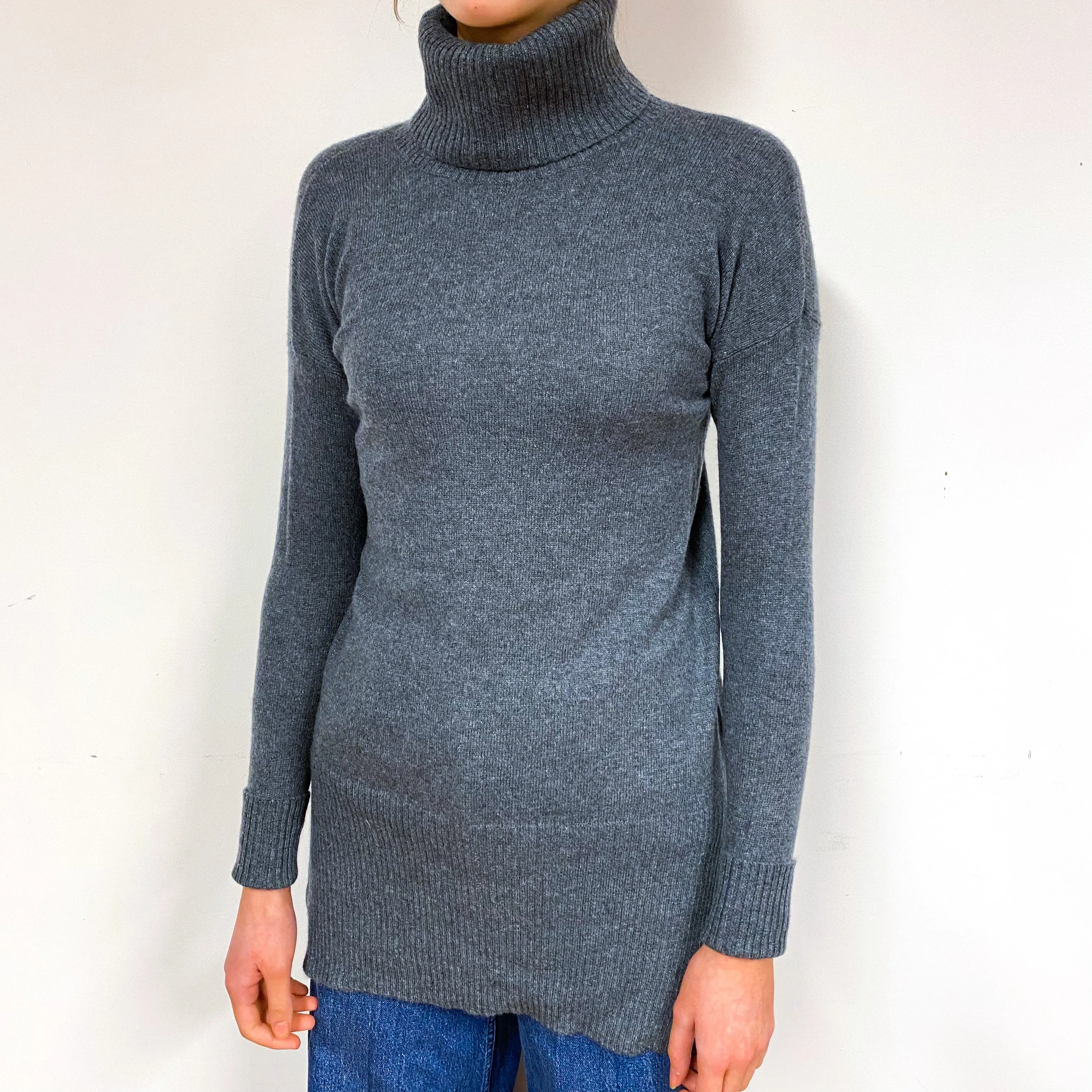 Slate Grey Longline Cashmere Polo Neck Jumper Extra Small